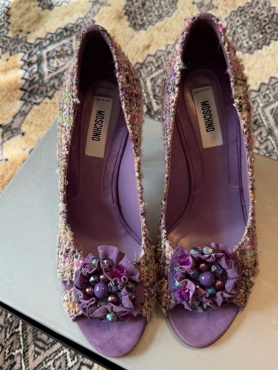 Moschino Shoes - Moschino Purple Tweed Embellished Peep-Toe Heels